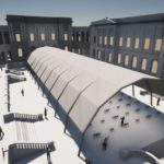 An artist impression of the University of Edinburgh's Old College Quad, one of three locations which will host live performances in temporary outdoor pavilions during the 2021 Edinburgh International Festival.