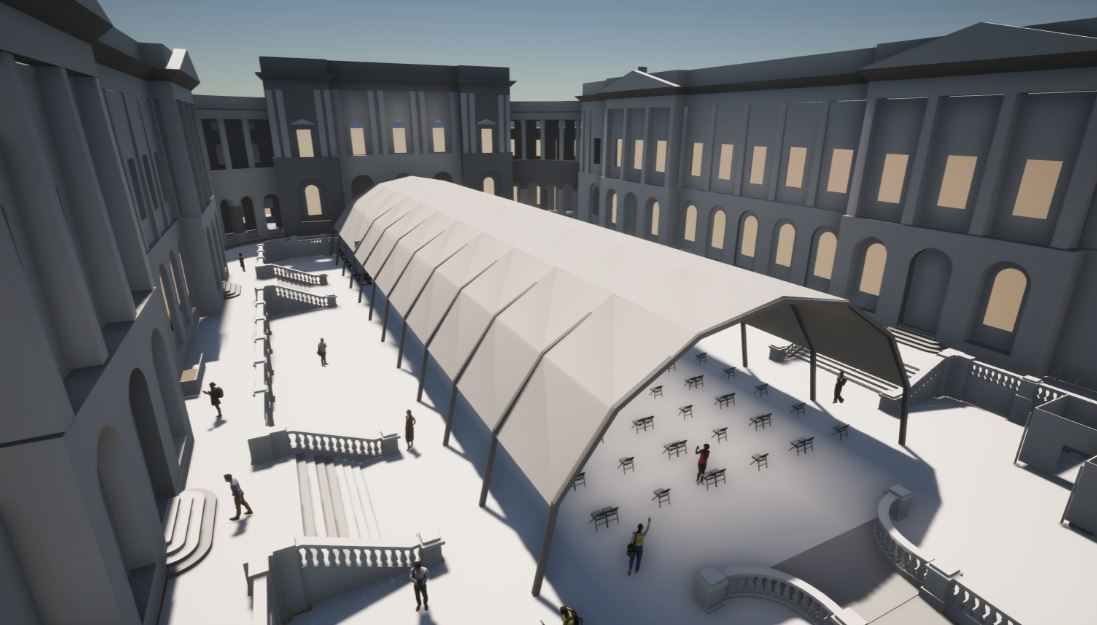 An artist impression of the University of Edinburgh's Old College Quad, one of three locations which will host live performances in temporary outdoor pavilions during the 2021 Edinburgh International Festival.